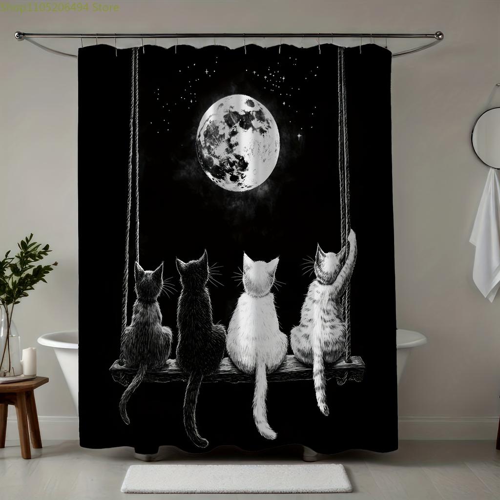 1pc Moonlit Cats on Swing Digital Print Shower Curtain - Black & White Whimsical Design with Black Cats, White Cats, and Full