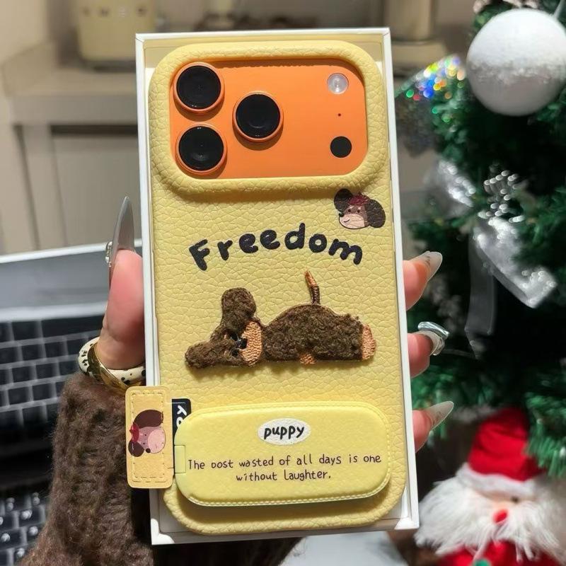Leather pattern is suitable for Apple 11PROMAX mobile phone case plush sleeping dog Xiaomi 11 Huawei autumn and winter anti-drop soft case