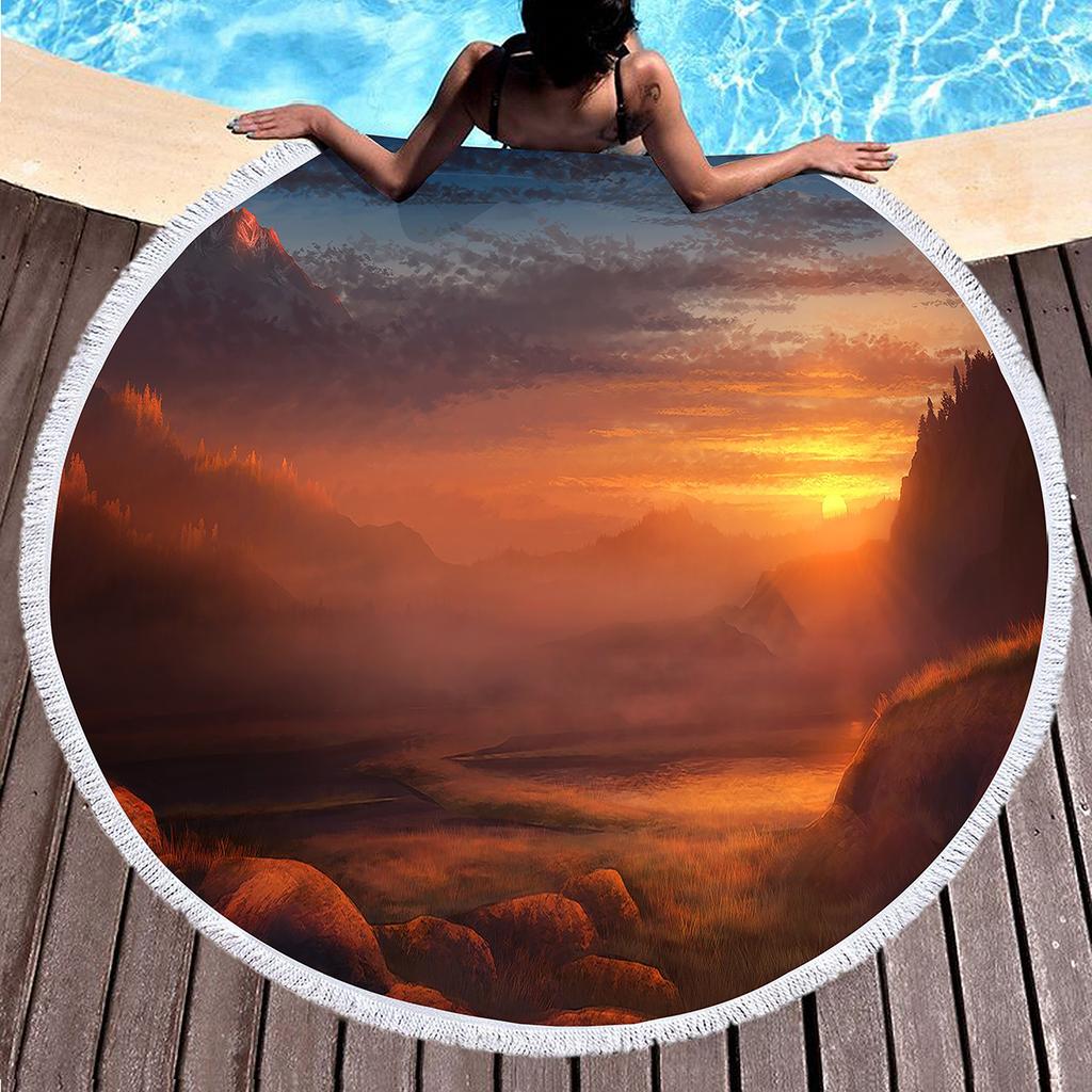 Sunrise Natural Scenery Round Beach Towel, Absorbent Quick Dry Sand Free Towel for Bathroom Pool Surf Travel Outdoor Meditation