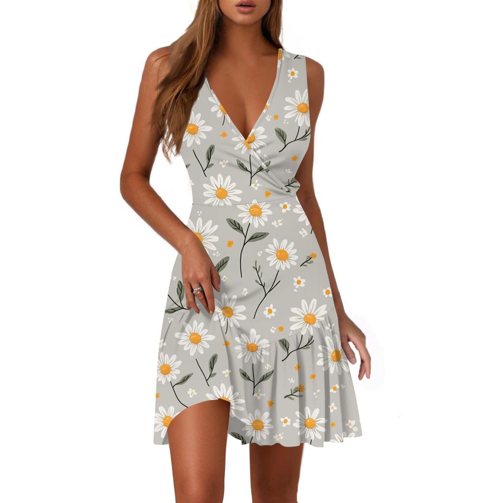 Ladies Casual Fashion V-Neck Sleeveless  Print Dress