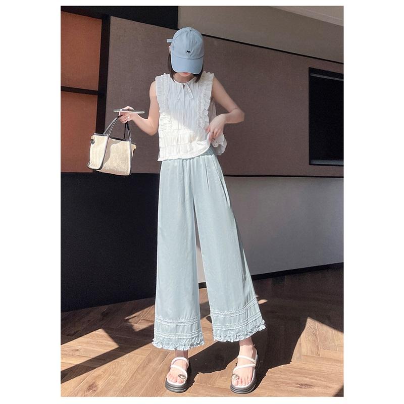 Women's Lace Trim Crochet Wide Leg Ankle Length Pants Summer Loose Thin Style Petite Friendly Sun Protection Casual Trousers