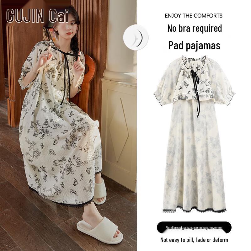 GUJIN Sweet Floral Print Short Sleeve Sleep Dress L грязно-белый