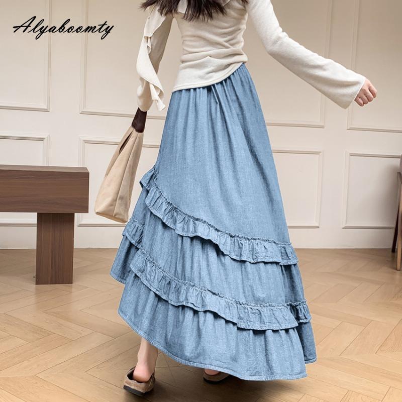 French Style Autumn Winter Women Maxi Long Skirt High Waist Light Blue Black Denim Skirt Layered Ruffles Irregular Princess Skirt