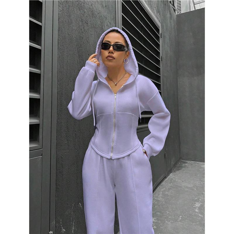 Europe, America, Autumn and Winter Fleece Hooded Cardigan Slim Sweater Wide-leg Pants Two-piece Set
