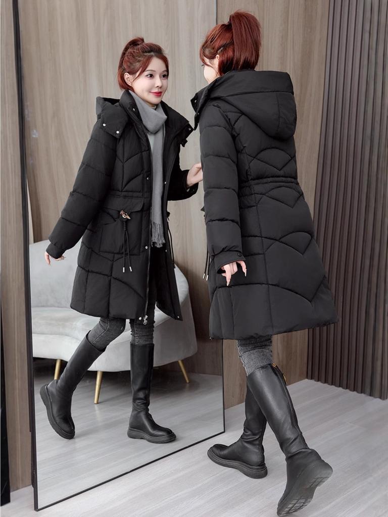 Women Hooded Collar Cotton Parkers Coat Zipper Coat Medium Warm Button Coat Jacket