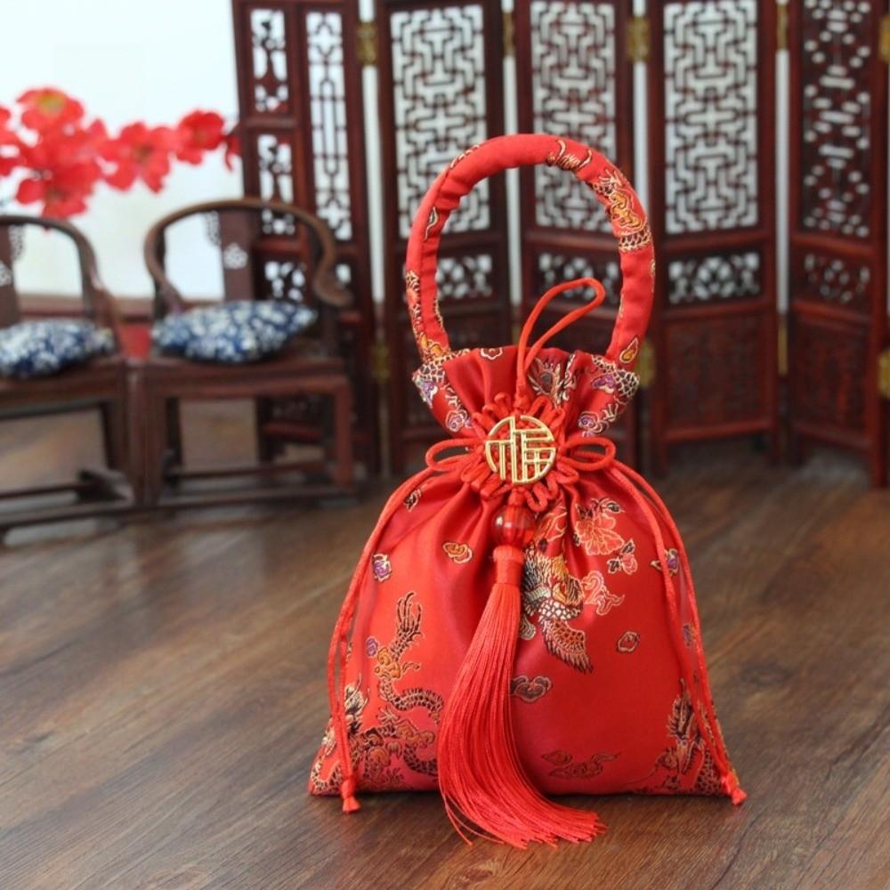 Chinese Style Canvas Flower Drawstring Bag Phoenix Dragon Festive Sugar Bag Wedding Candy Bag Jewerly Packing Bag