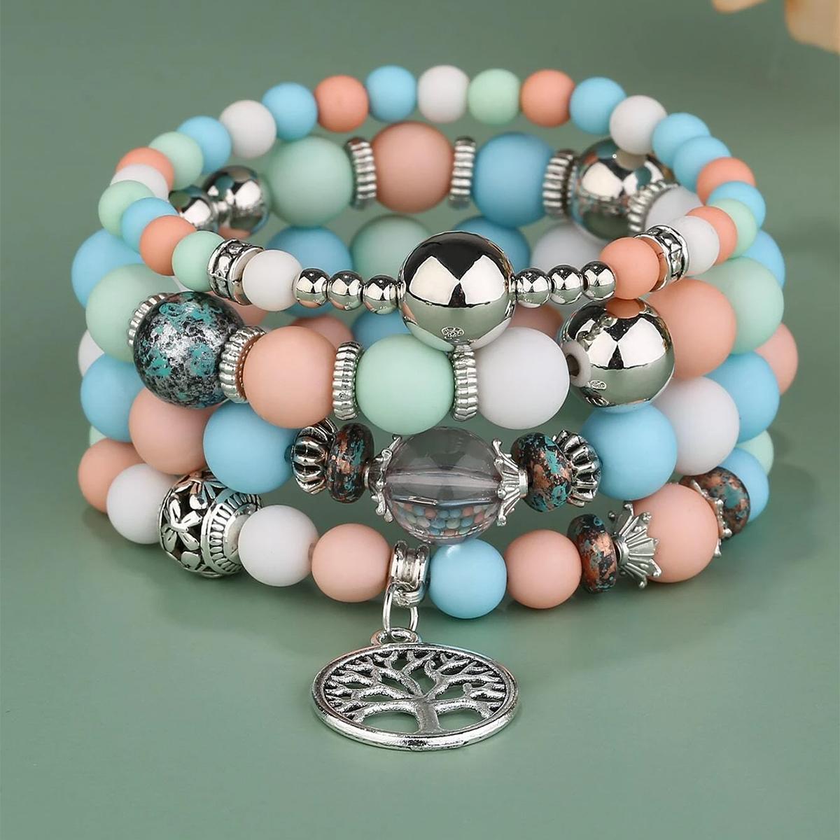 

4 шт. Богемные браслеты с бусинами и многослойные браслеты «Древо жизни» для женщин, Праздничная коллекция, Аксессуары 17.5cm