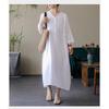 Women's Artistic Retro V-Neck Cotton Linen Dress – Single-Breasted, Casual, Five-Sleeve, Loose Fit for Summer 2025.