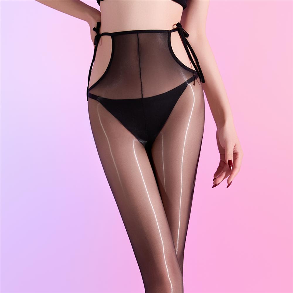 Sexy Women 640 Pin Oil Glossy Shiny Pantyhose Lace Up Bandage Shaping Stocking Thin Smooth Tights Maid Pantyhose Open Crotch