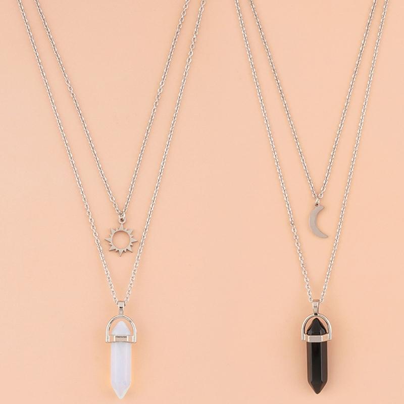 2PCS Natural Stone Hexagonal Column Crystal Pendant for Sun and Moon Charm Best Friends Jewelry Bullet Stone Women BFF G