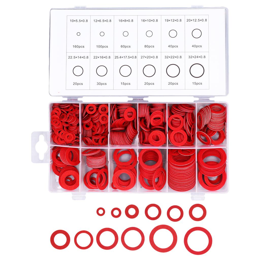 600 ks plochých podložek, sortiment izolačních, legovaných ocelových, papírových, vláknitých, těsnicích těsnění, různých velikostí