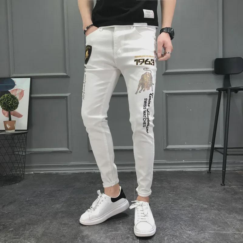 Men's Trendy European White Jeans with Diamond Embroidery - Slim, Elastic, Skinny Fit for Summer