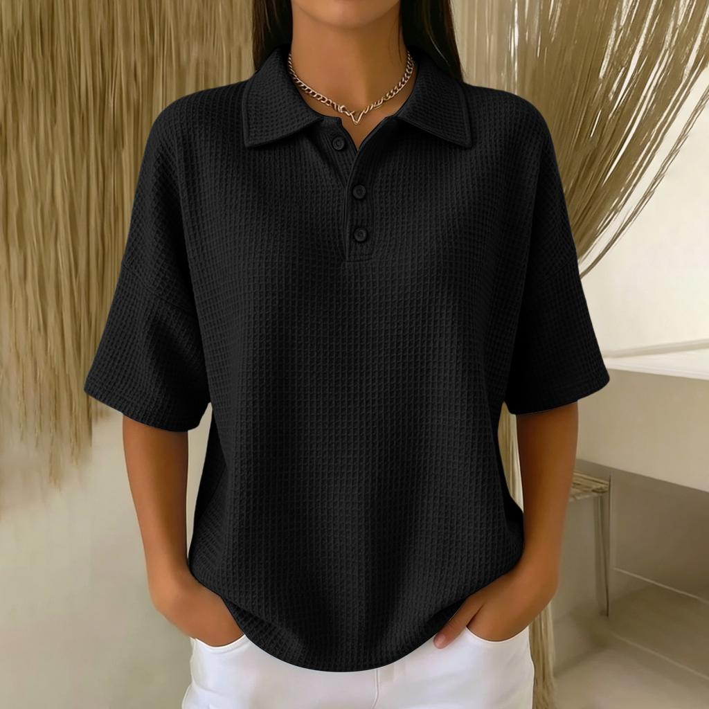 Women’s Knit Short Sleeve Polo Shirt with Button Front and Relaxed Fit for Casual and Everyday Wear