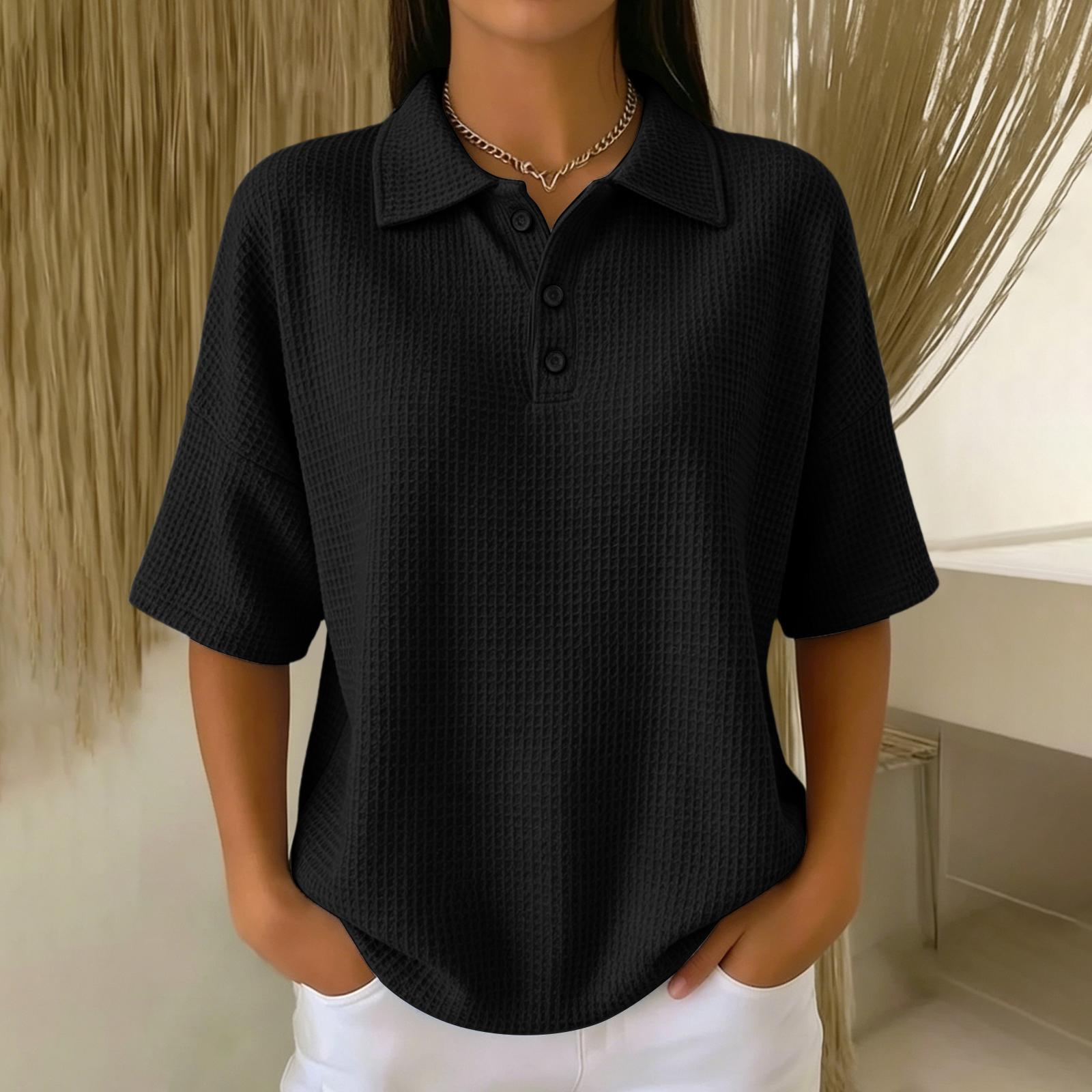 Women s Button Short Sleeved T-shirt Top L чёрный