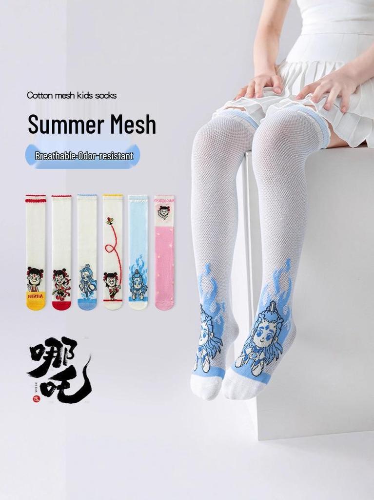 Nezha Cartoon Kids' Summer Socks: Cute, Breathable, Thin Mid-Calf Mesh Cotton Socks for Girls