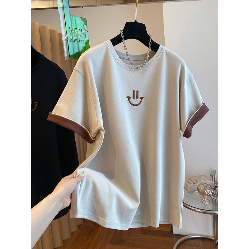 

Goods 120.00kg Plus Size Pure Cotton Contrast-Color Short-Sleeved T-shirt for Women Early Spring and Summer Loose Slim Looking Fat Girl Top Super Hot Light Khaki L