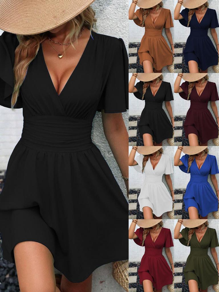 Summer Deep V-Neck Ruffle Sleeve Ruched Dress