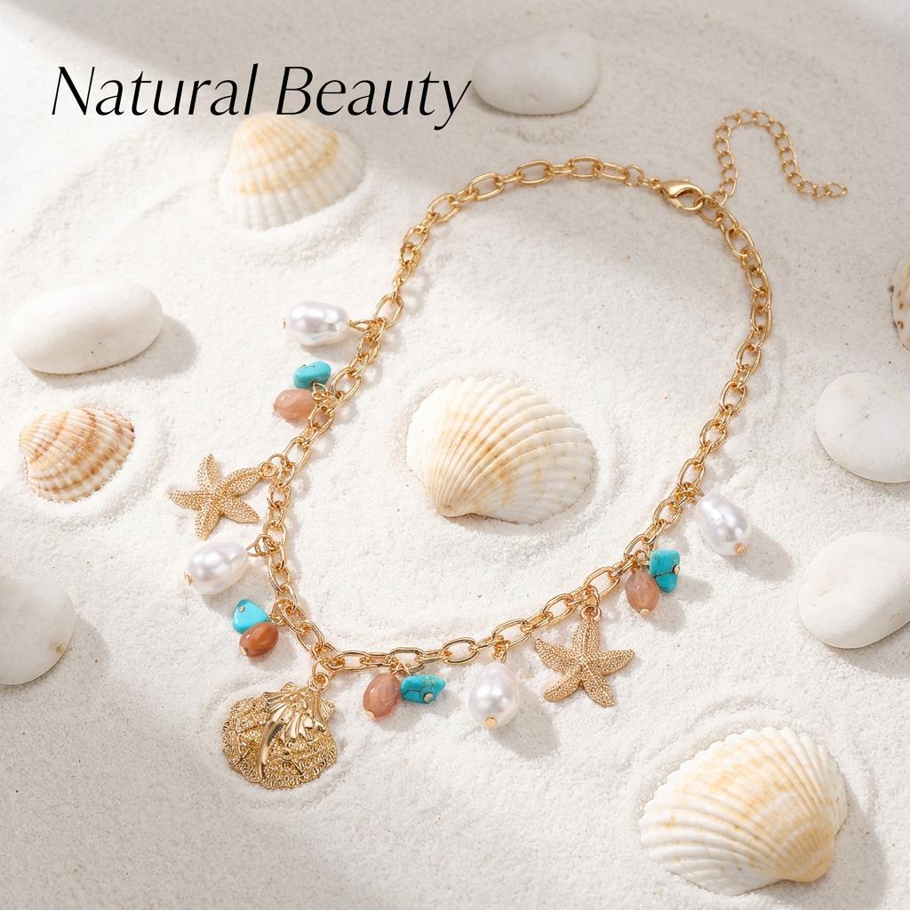 Collana con Ciondolo Multi-elemento Oceano per Donna Bohemia Conchiglia Stella Marina Perla Sintetica Collana Gioielli Estivi alla Moda Regali