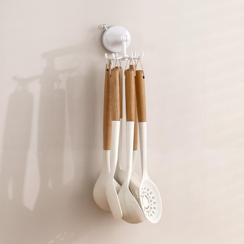 Kitchen Suction Cup Rotating Hook Plastic Rotatable Drill Free Cookware Spatula 6-Claw Suction Cup Wall Mounted Storage Hook
