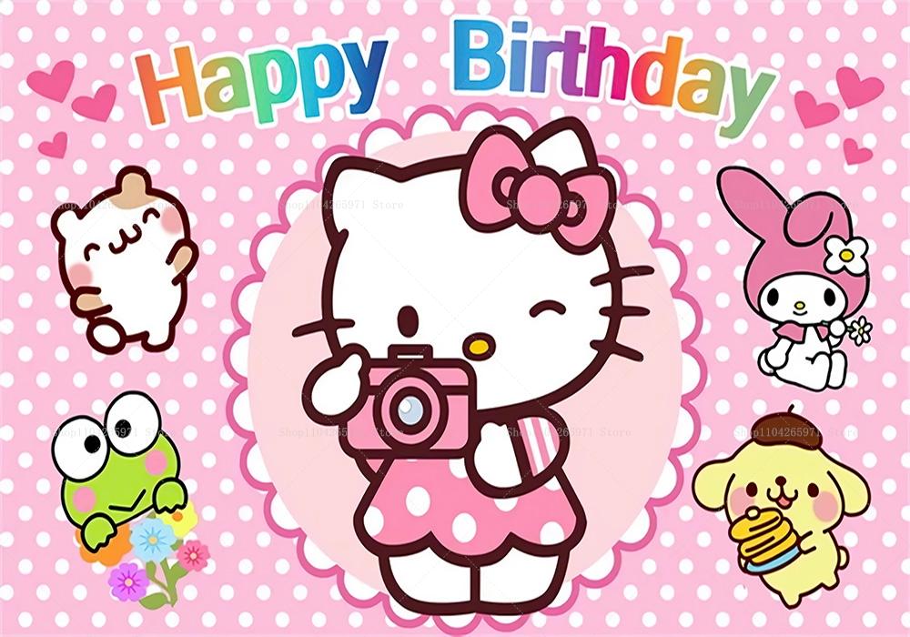 Hello Kitty Happy Birthday Backdrop Cute Pink Cartoon Theme Kids Girls Baby Shower Party Photo Background Banner Decor Supplies