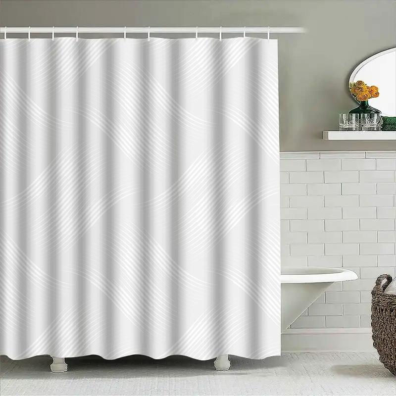 Scandinavian Wave Shower Curtain-White Geometric Pattern Shower Curtains 180X 200 Cm For Modern Spa Bathroom Decoration