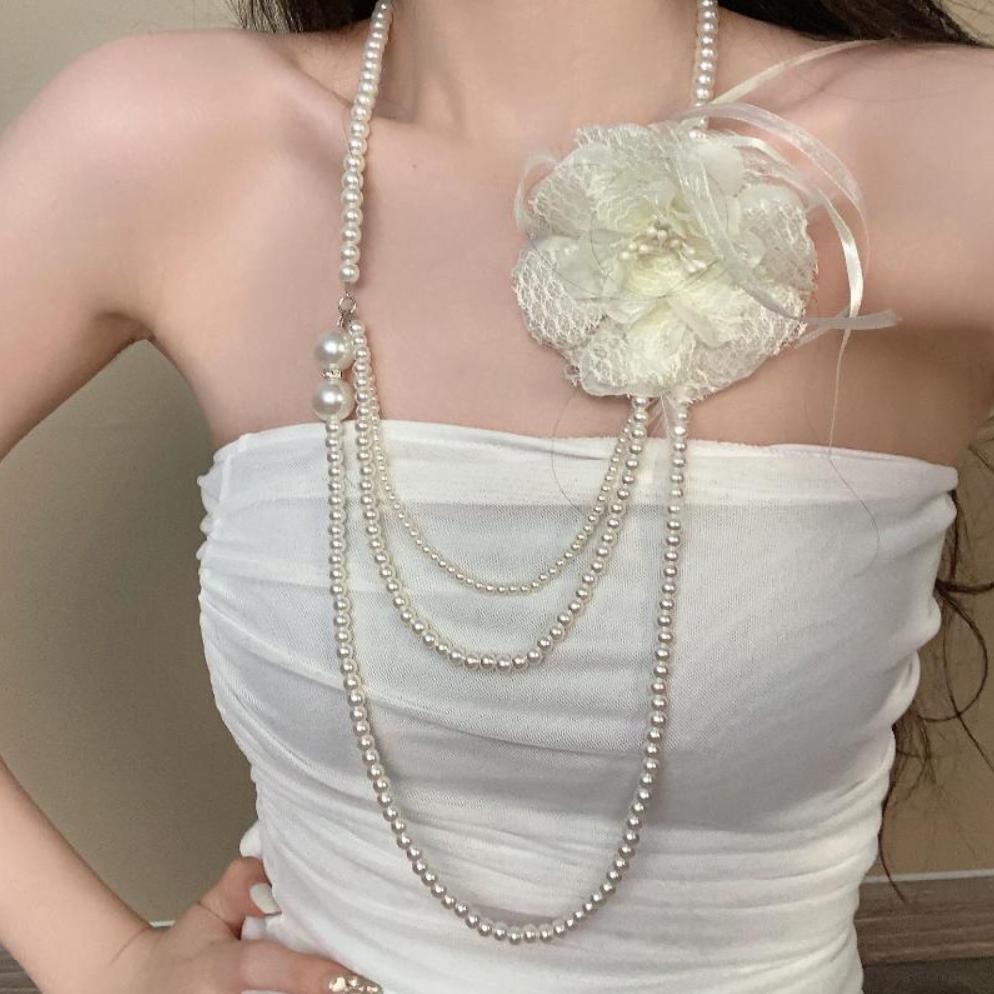 

Multi-Layer Pearl Long Necklace Rose Flower Design Sweater Chain Jewelry Accessories For Women