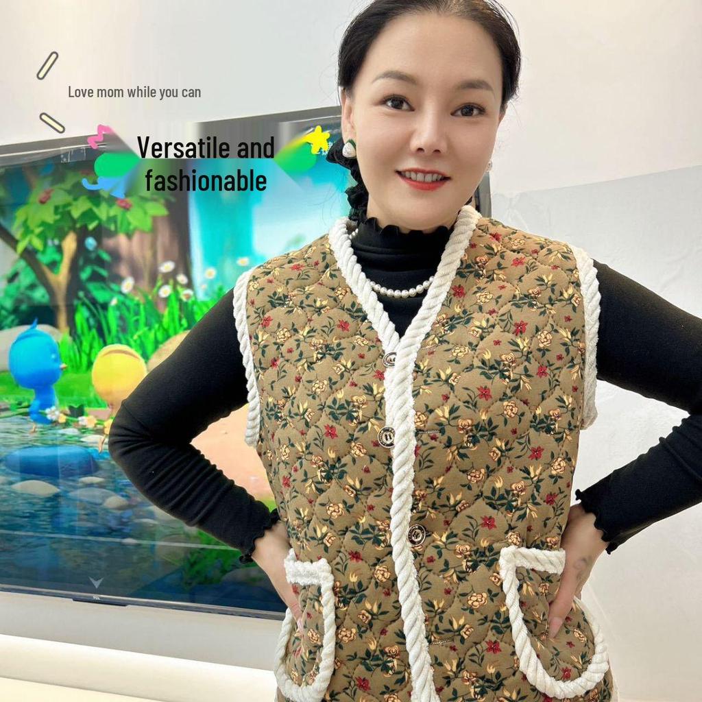 2025 Women's Autumn Winter Elderly Mother's Collarless Cardigan Vest - Versatile Shawl Jacket for Grandma