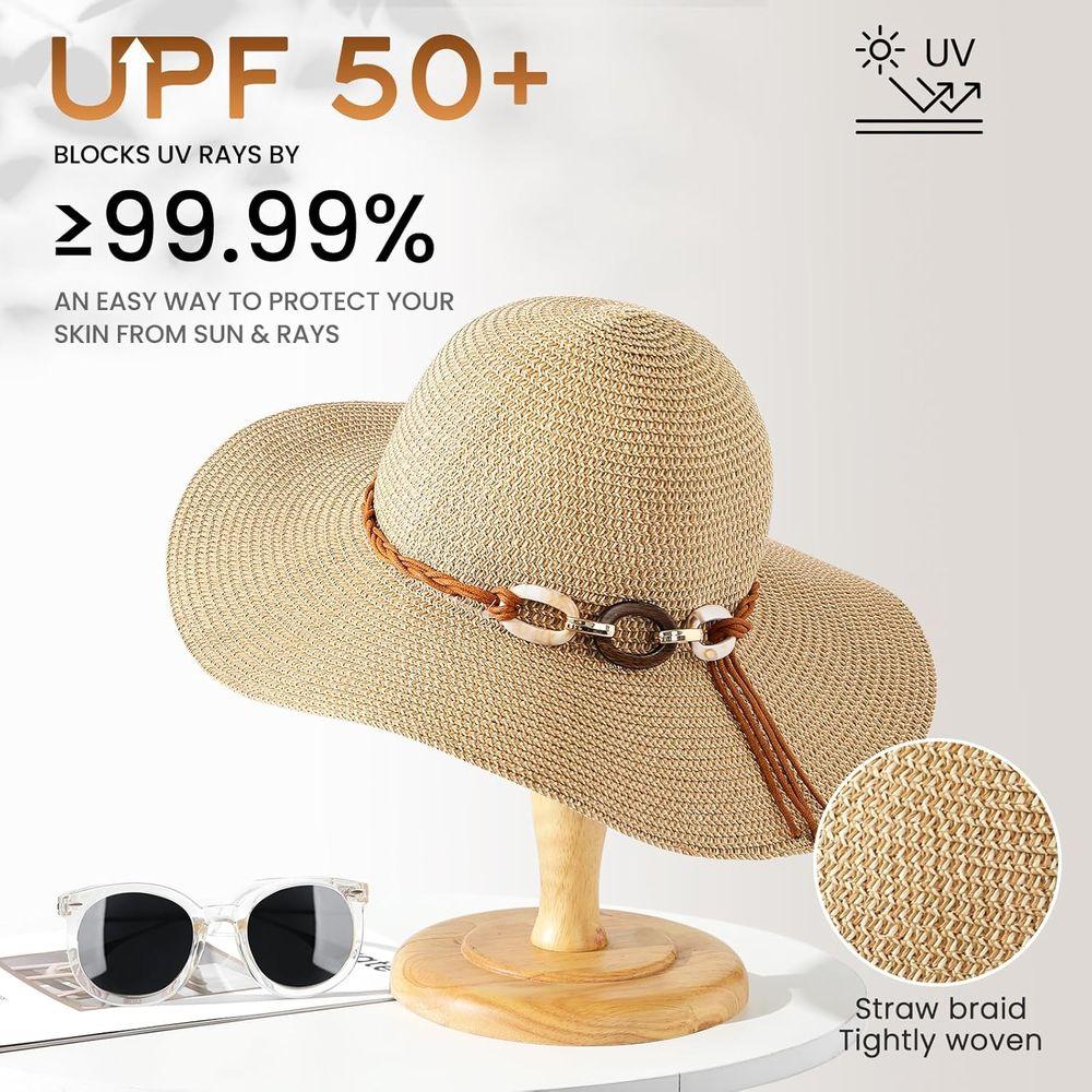 Wide Brim Women's Sun Hat with Roll-Up UV Protection and Wind Lanyard