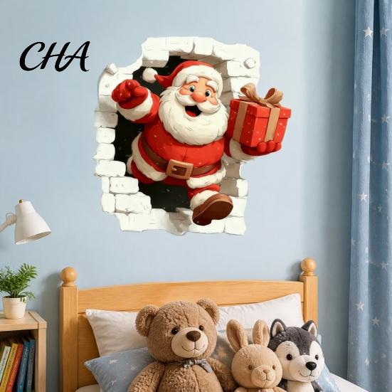 Decorative Window Film Christmas Santa Wall Stickers, 3D Claus Reindeer Break-Through Self-Adhesive Winter Party Supplies Decal, Removable Stickers