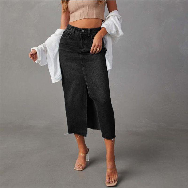 

European and American Sexy Silm High Waist Slit Denim Skirt Mid-Length Skirt Sexy Denim Midi Skirt Black 2XL