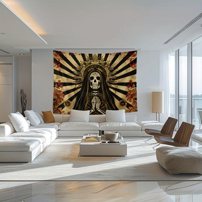 Santa Muerte Floral Skull Tapestry Vintage Day Of The Dead Print Wall Hanging Bedroom Dorm Apartment Aesthetic Decor