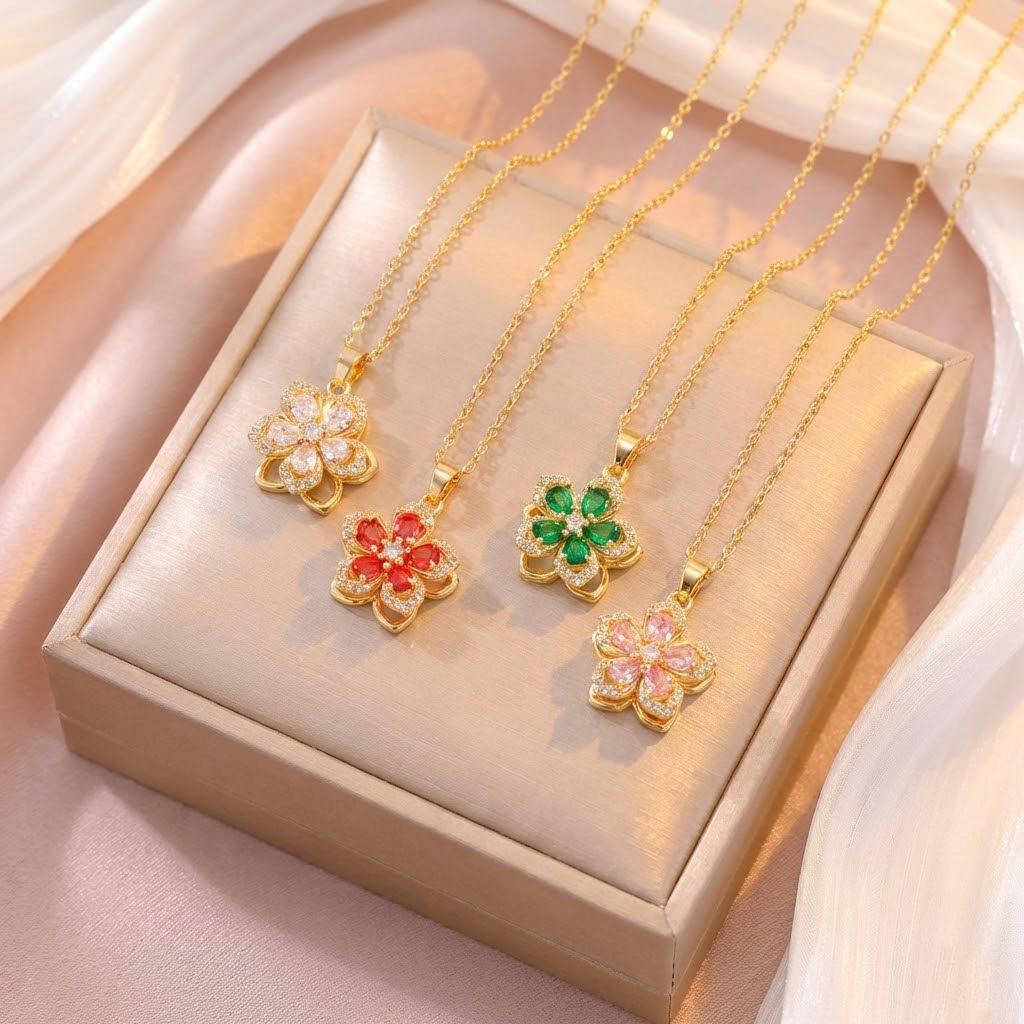 Purple Bauhinia Zirconia Flower 360° Rotatable Necklace for Women – European & American Style, New Five-Petal Design