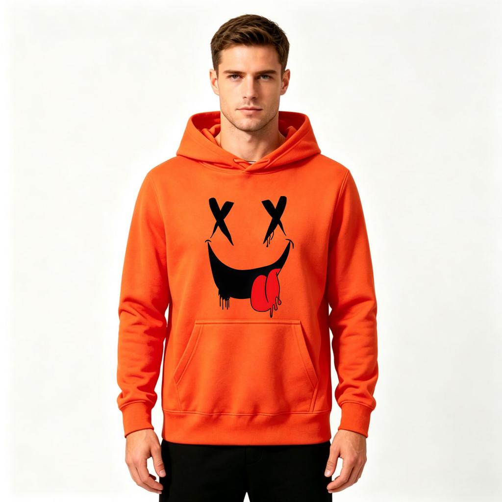 Men's Graphic Print Pullover Hoodie, Funny X Eyes Dripping Smile Pattern Casual Long Sleeve Sweatshirt