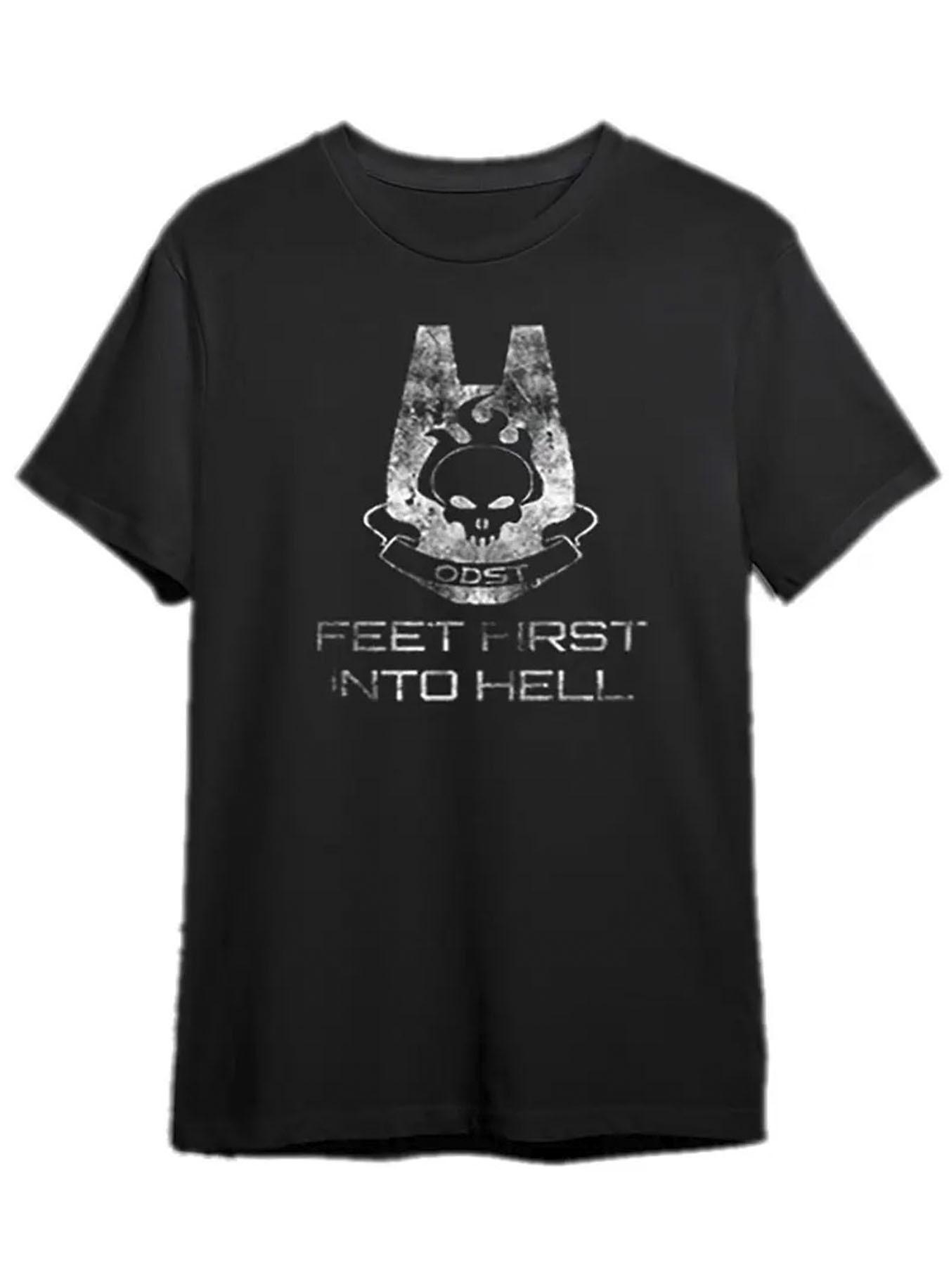 

Men women Halo ODST Foot Into First Hell Graphic T-Shirt Cotton Black with Skull Horns Design Casual Round Neck Short Sleeve... S разноцветный