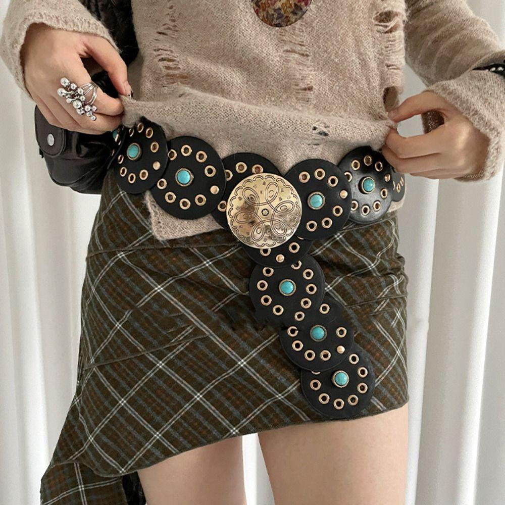 Y2K Hollow Out Belts Wide Cowboy Waistband Fashion Metal Buckle Belts  Waist Accessories