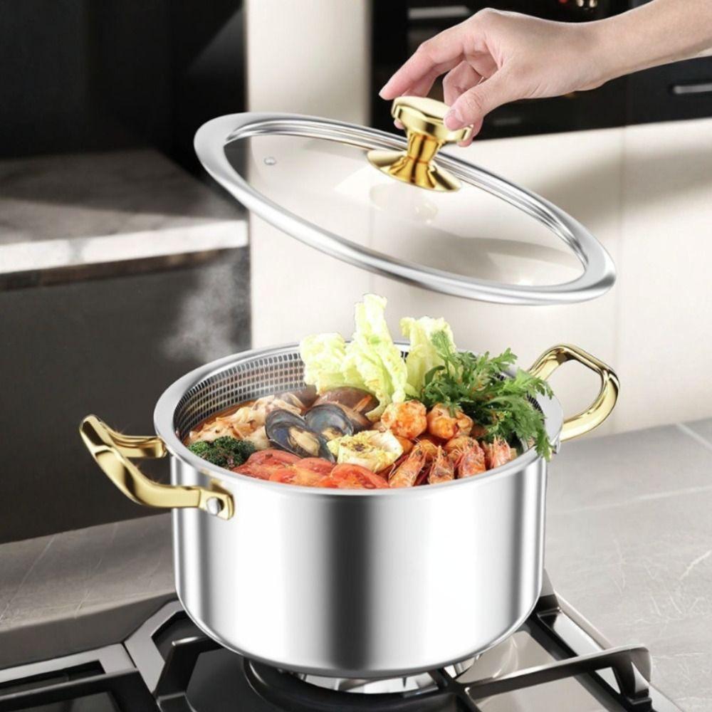 Honeycomb Bottom Non-stick Pot with Glass Lid Slow Cooker Stainless Steel Soup Pot Dormitory