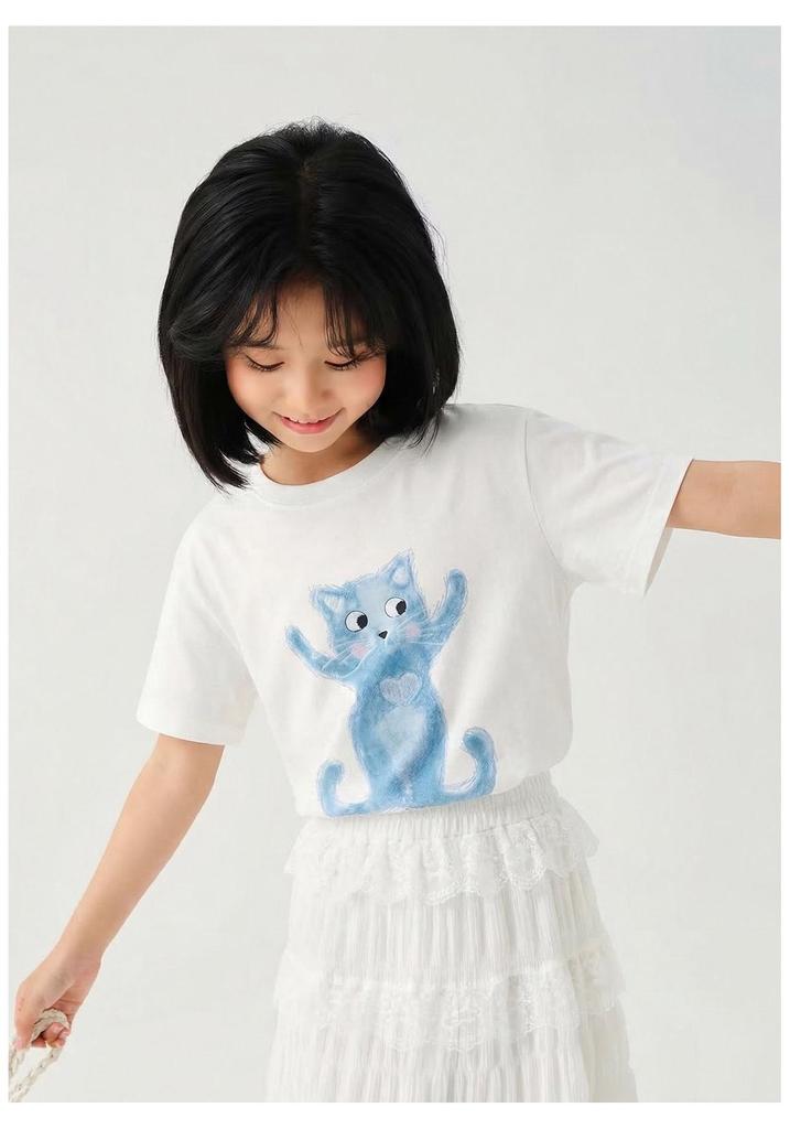 Girls' White Cartoon Cat Loose-Fit Round Neck T-Shirt