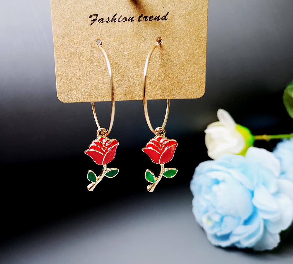 

Rongyu 14k Gold Plated Korean Style Earrings with Green Leaf and Red Rose Design - Perfect Christmas Gift