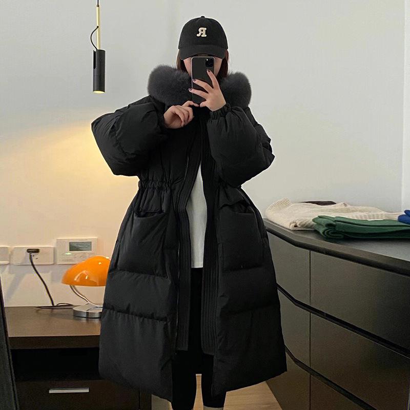 

Fox big fur collar down jacket women s long 2025 winter thickened sweet waist white duck down cold-resistant and thin coat S