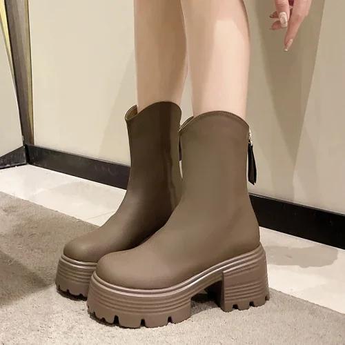 

Модные женские ботильоны с молнией сзади, короткие сапоги, женские, на высокой платформе, с толстой подошвой, элегантные женские лодочки 39 чёрный