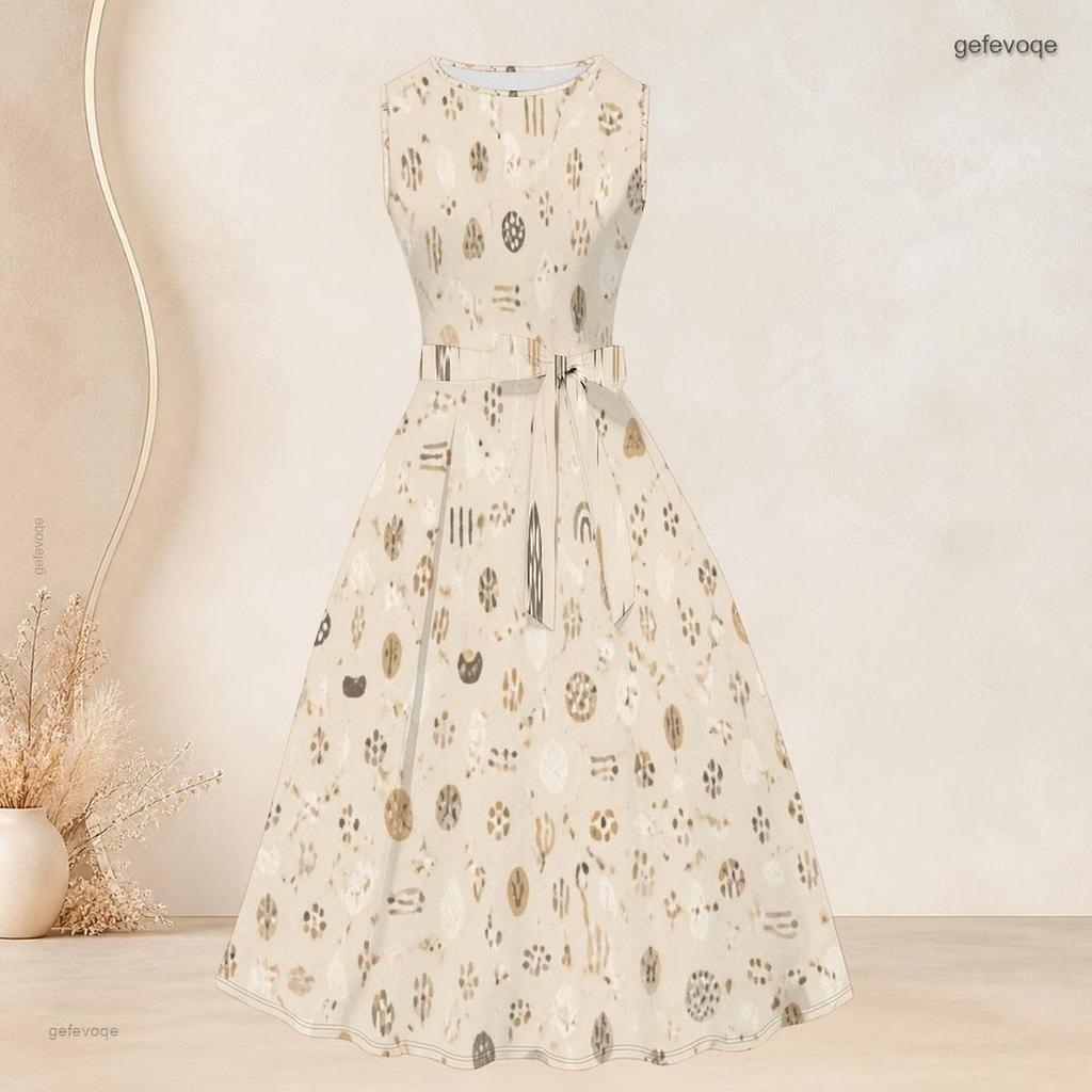 Women Plus Size Two Piece Set Geometric Printed 3 4 Sleeve Draped Cardigan Sleeveless Round Neck Tie Waist Flared Dress