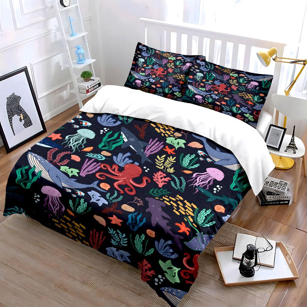 Ocean Animals and Coral Pattern Print Bedding Set 1 Duvet Cover 2 Pillowcases for Adult and Children Luxury Gift Full Size