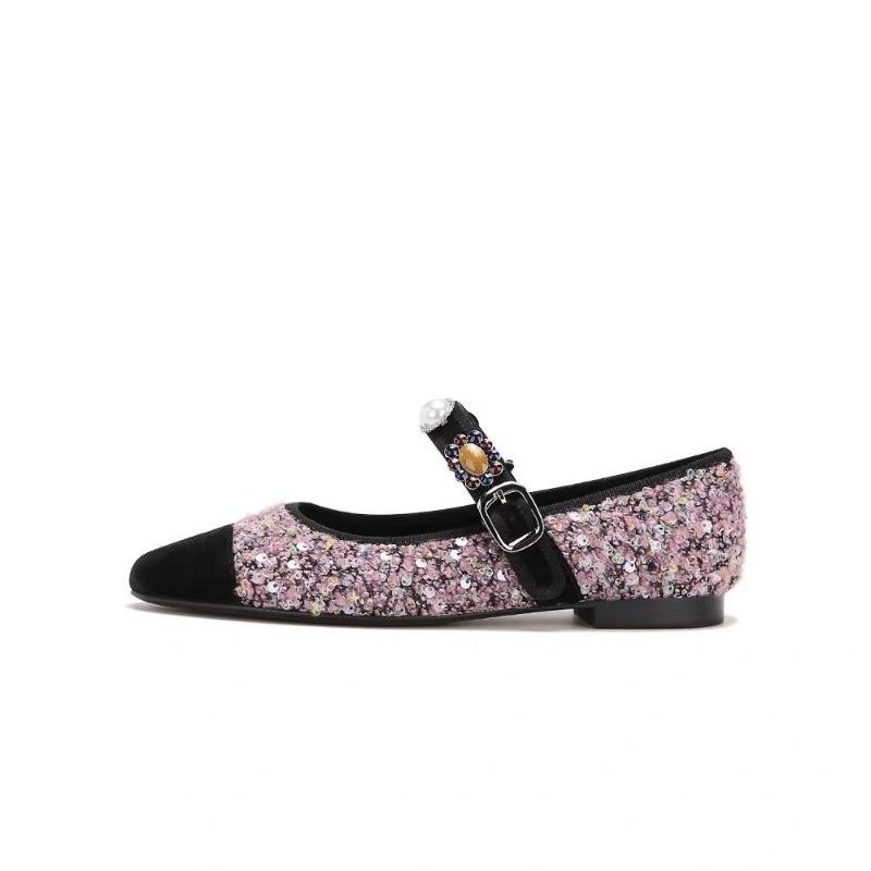 Fashion Spring New Flat Shoes Women's Fashion Round Head Splicing Sequin Cloth Metal Buckle Soft Sole Non-slip Shoes
