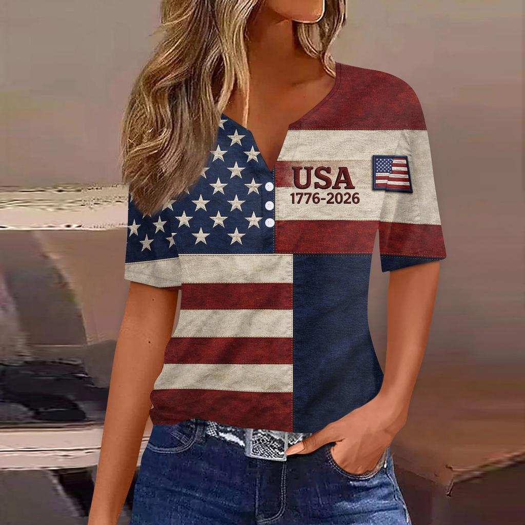 Women's Fashion Casual Independence Day Print V-Neck Short Sleeve Button-Up T-Shirt Top