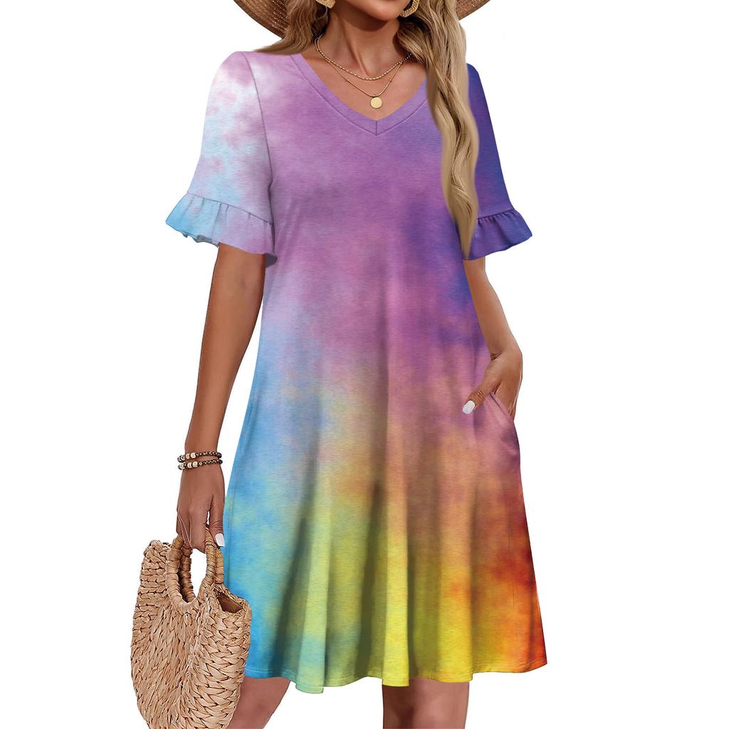 Women A Line Sun Dress Short Sleeve V Neck Printed Dress With Pockets