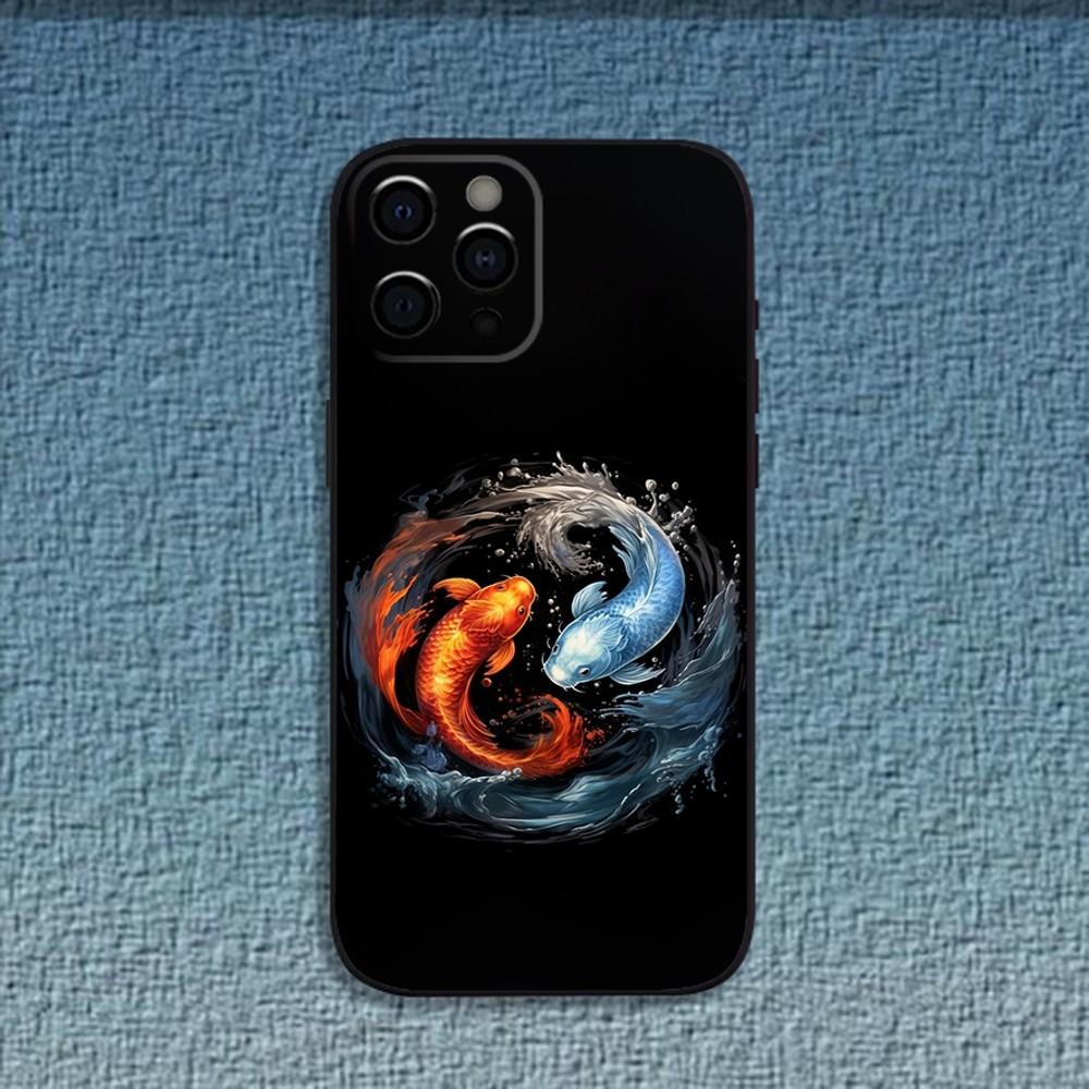Koi Carp Fish Yin Yang Art Phone Case For iPhone 16,15,14,13,12,11,Pro,X,XS,Max,XR,Plus,Mini Soft Black Cover