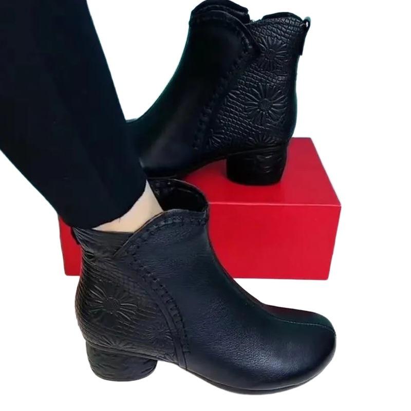 Retro soft leather short boots autumn and winter new cotton boots soft sole non-slip warm snow boots thick heel velvet shoes
