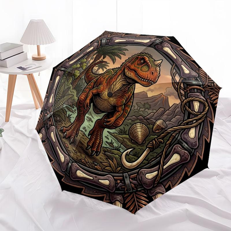 Prehistoric Dinosaur Emblem pattern umbrella, portable and foldable design, 8 ribs, a casual accessory for Halloween, Christmas, and birthday gifts.