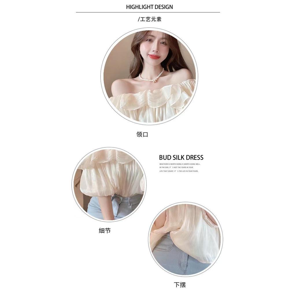 Pure desire temperament one-word shoulder shirt women's design sense niche top ruffle edge foreign style off-the-shoulder chiffon shirt summer