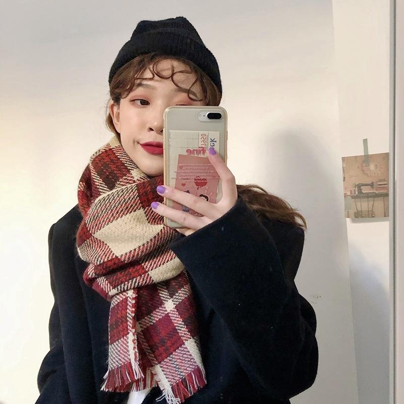 Retro Plaid Scarf Korean Version for Women Versatile Autumn and Winter Double-sided Thickened Houndstooth Shawl Japanese Student Scarf Trend